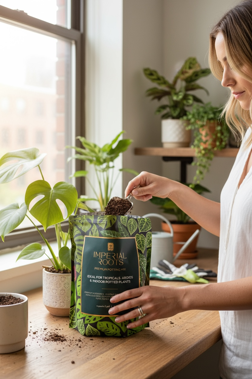 Woman adding soil to a plant in a home setting with plants around